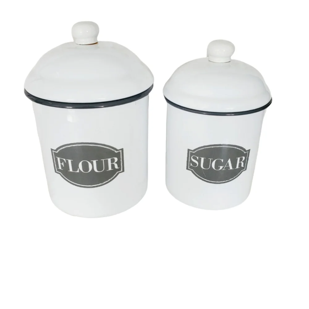 Farmhouse White Enamel Flour and Sugar Canister Set with Lids Kitchen Storage